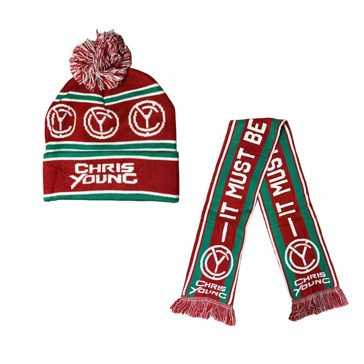 Chris Young Red Green Scarf & Beanie Bundle