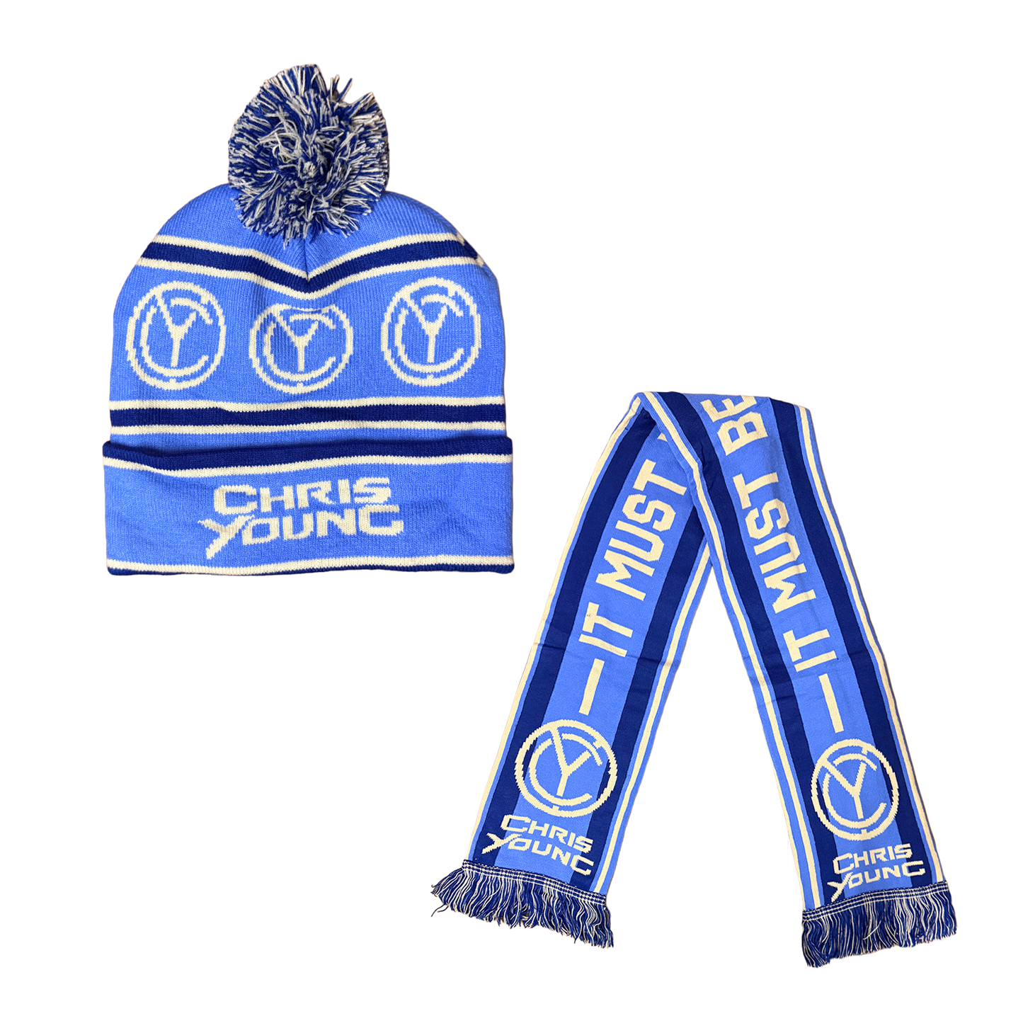 Chris Young Blue White Scarf & Beanie Bundle