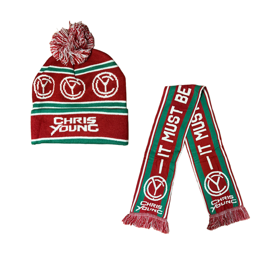 Chris Young Red Green Scarf & Beanie Bundle
